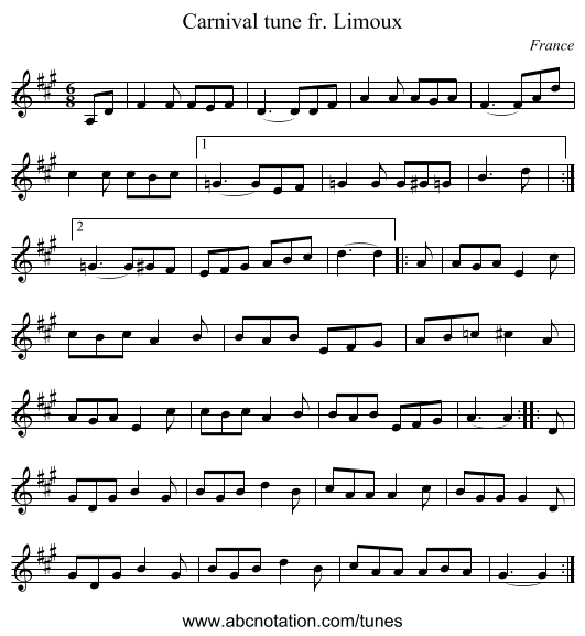 Carnival tune fr. Limoux - staff notation