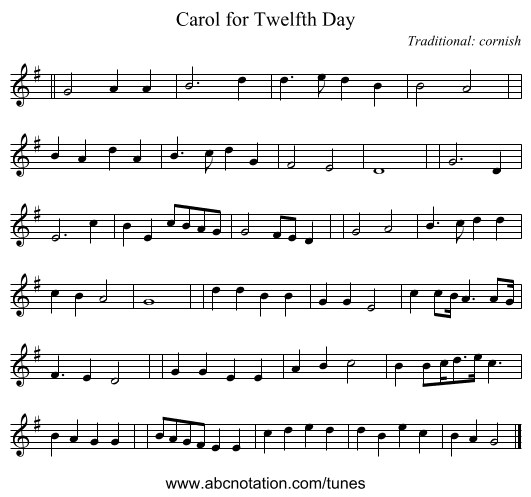 Carol for Twelfth Day - staff notation