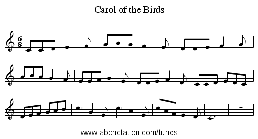 Carol of the Birds - staff notation