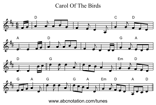 Carol Of The Birds - staff notation