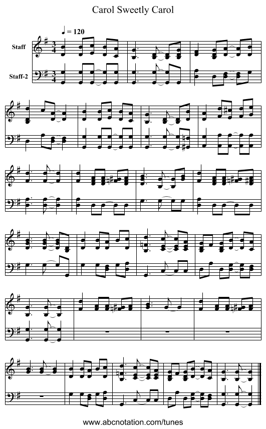 Carol Sweetly Carol - staff notation
