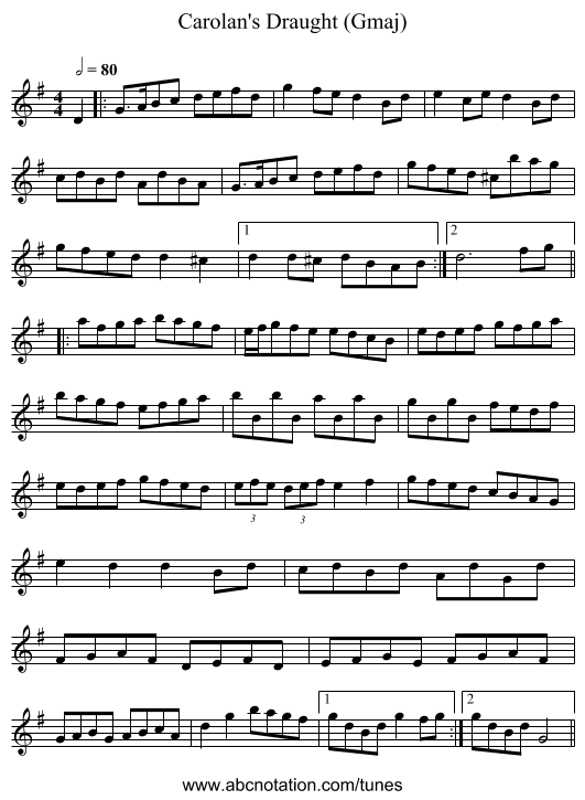 Carolan's Draught (Gmaj) - staff notation