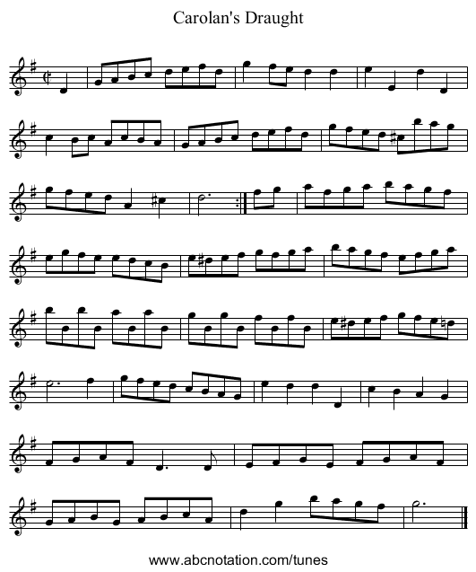 Carolan's Draught - staff notation