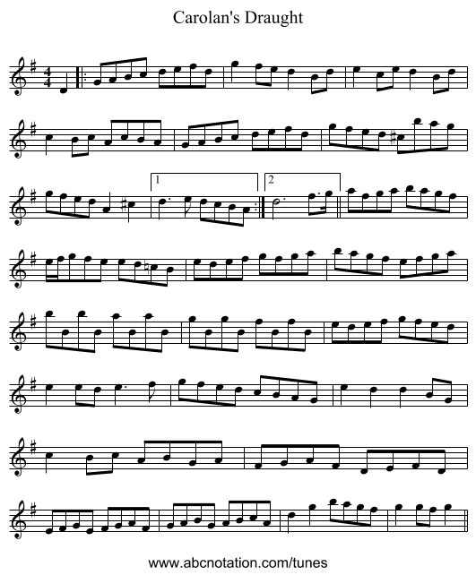 Carolan's Draught - staff notation