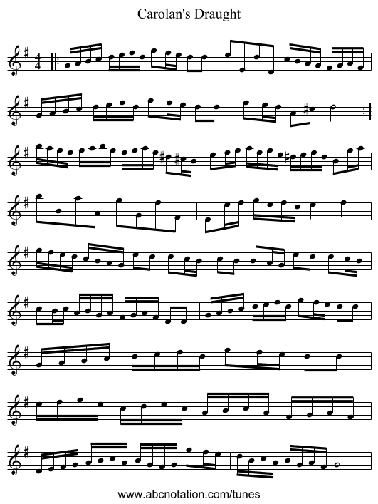 Carolan's Draught - staff notation