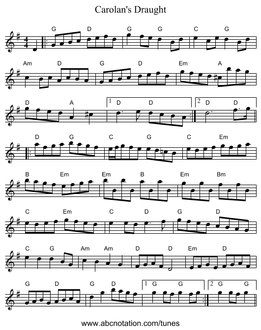 Carolan's Draught - staff notation