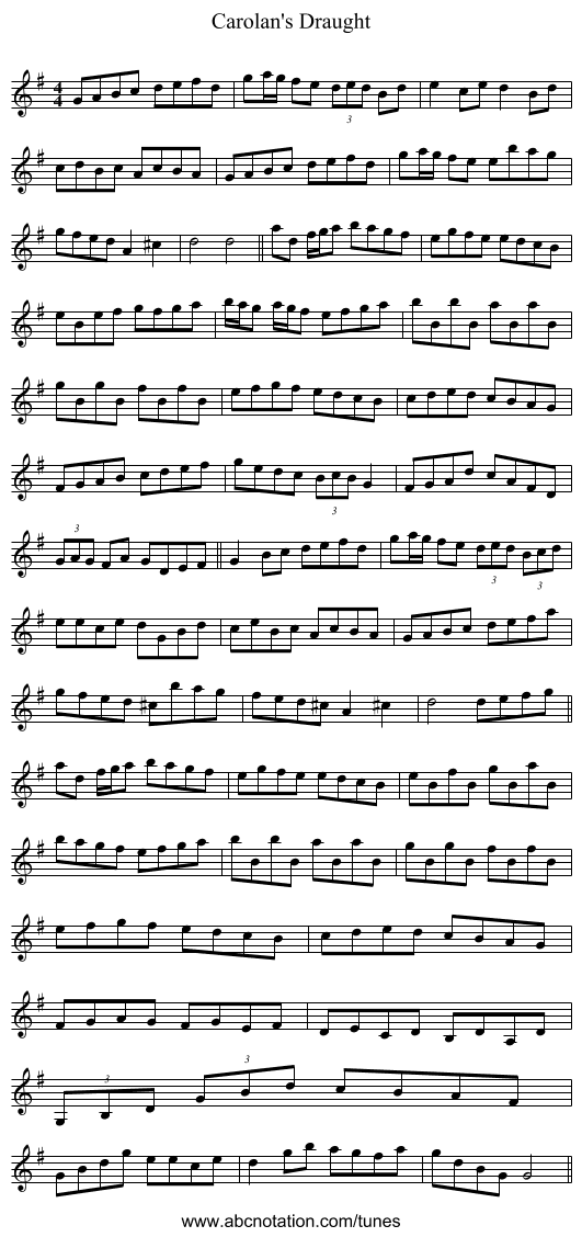 Carolan's Draught - staff notation