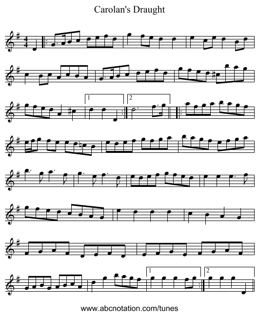 Carolan's Draught - staff notation