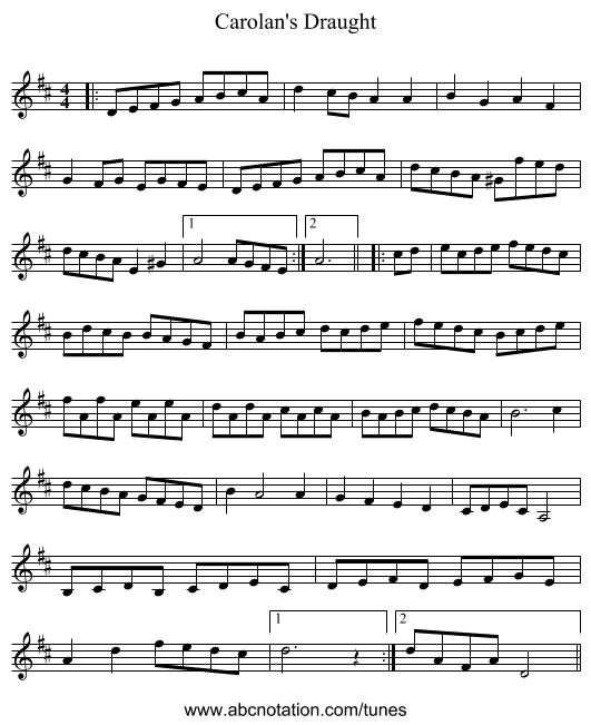 Carolan's Draught - staff notation