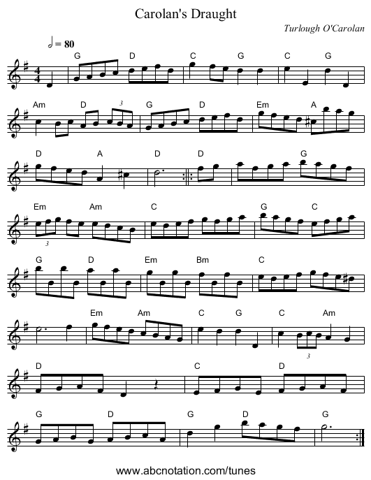 Carolan's Draught - staff notation