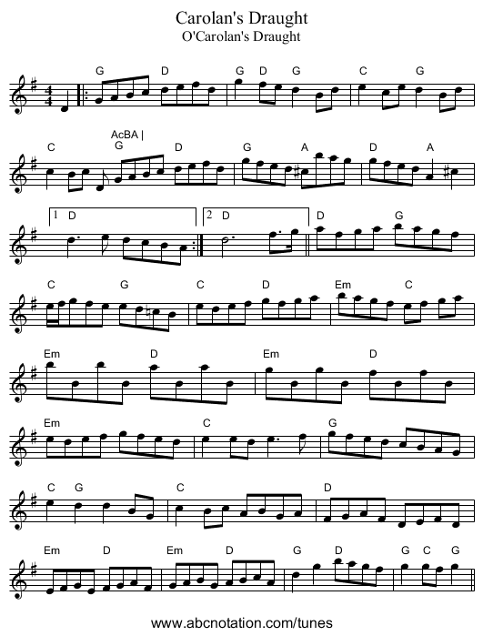 Carolan's Draught - staff notation