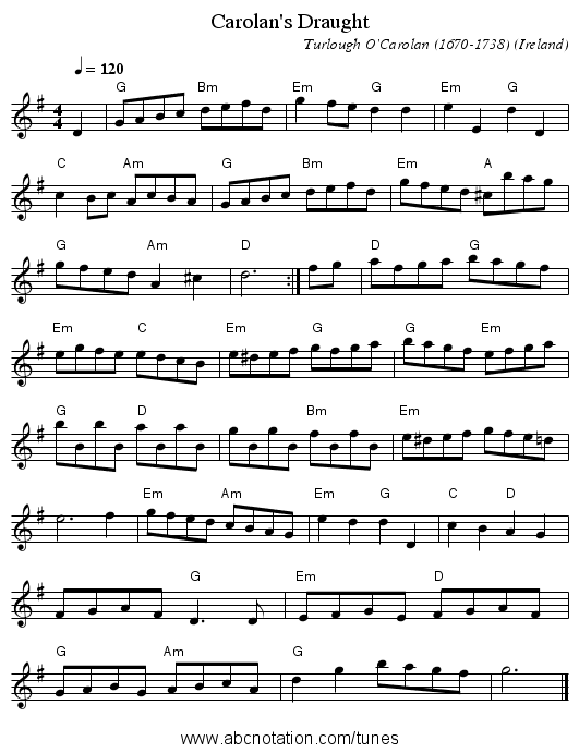 Carolan's Draught - staff notation
