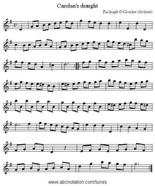 Carolan's draught - staff notation