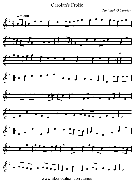 Carolan's Frolic - staff notation
