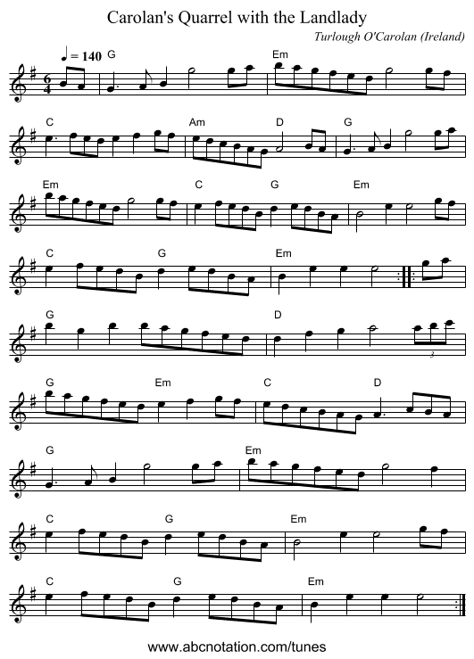 Carolan's Quarrel with the Landlady - staff notation