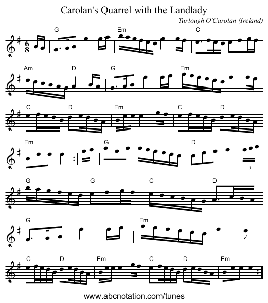 Carolan's Quarrel with the Landlady - staff notation