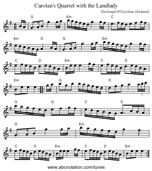 Carolan's Quarrel with the Landlady - staff notation