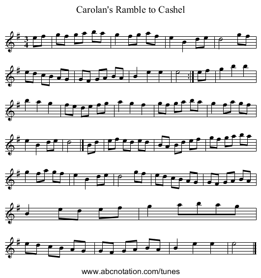 Carolan's Ramble to Cashel - staff notation