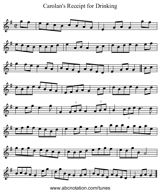 Carolan's Receipt for Drinking - staff notation