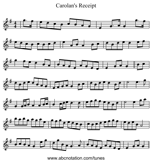 Carolan's Receipt - staff notation