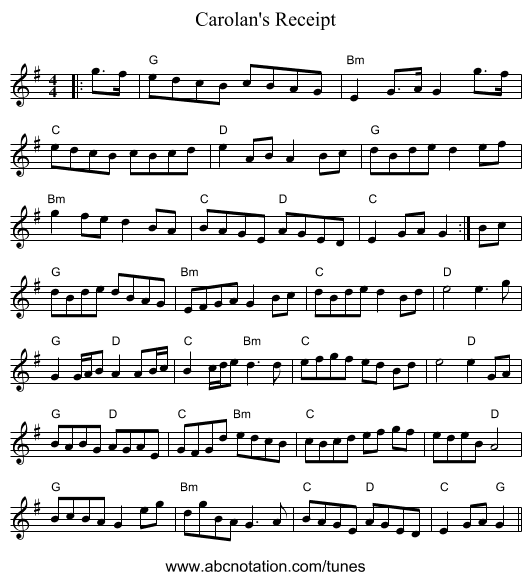 Carolan's Receipt - staff notation