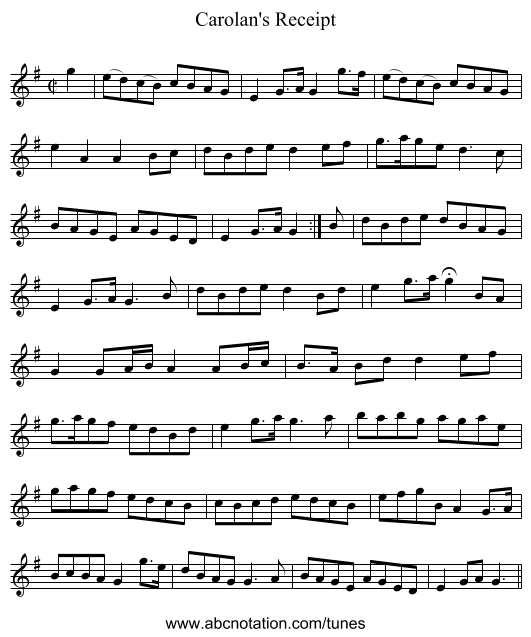 Carolan's Receipt - staff notation