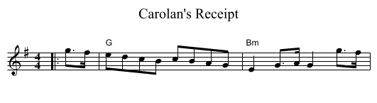 Carolan's Receipt - staff notation