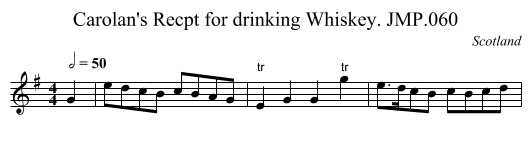 Carolan's Recpt for drinking Whiskey. JMP.060 - staff notation