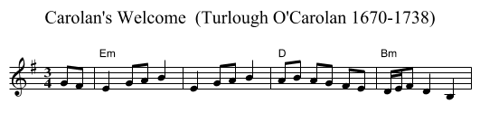 Carolan's Welcome  (Turlough O'Carolan 1670-1738) - staff notation