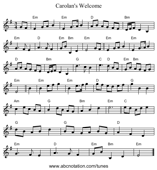 Carolan's Welcome - staff notation