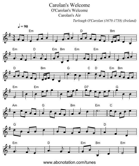 Carolan's Welcome - staff notation
