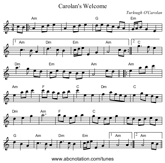 Carolan's Welcome - staff notation