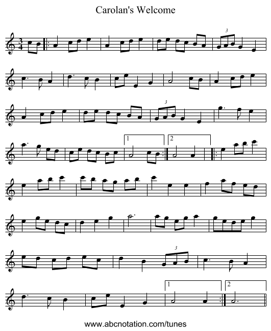 Carolan's Welcome - staff notation