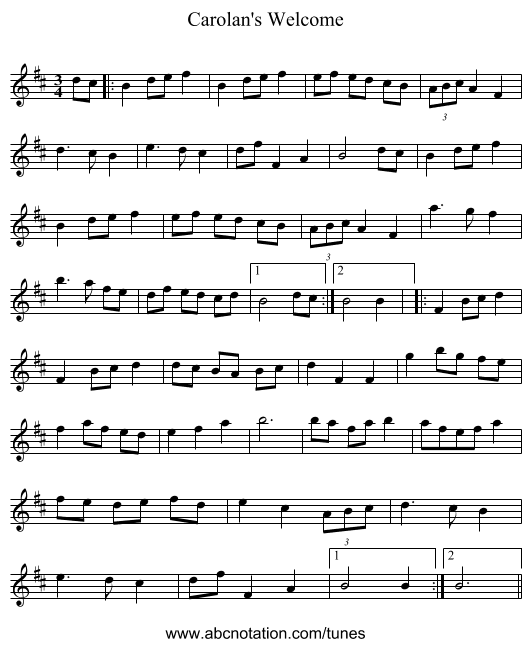 Carolan's Welcome - staff notation
