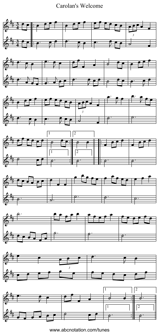 Carolan's Welcome - staff notation