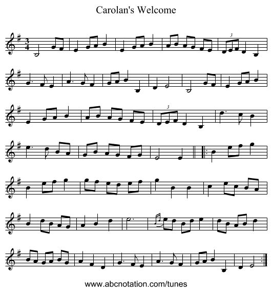 Carolan's Welcome - staff notation