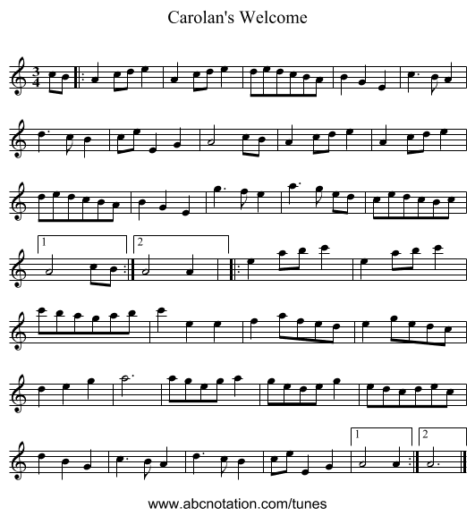 Carolan's Welcome - staff notation