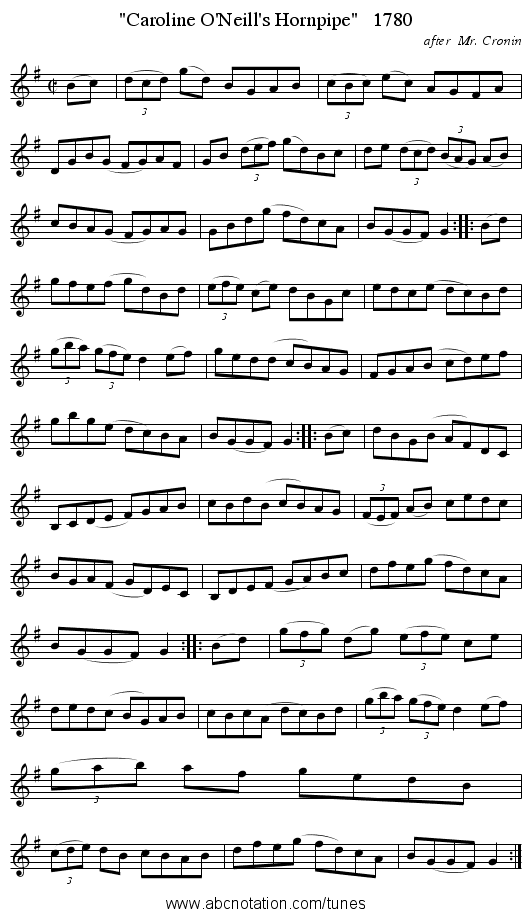 Caroline O'Neill's Hornpipe   1780 - staff notation