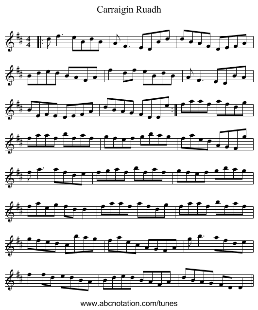 Carraigín Ruadh - staff notation