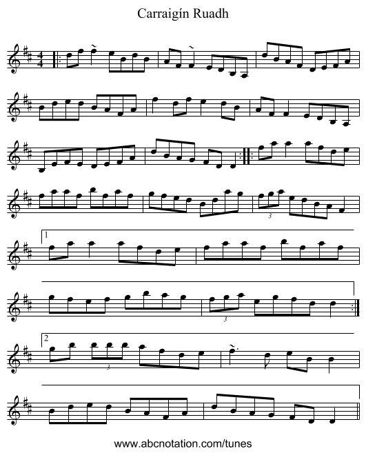 Carraigín Ruadh - staff notation