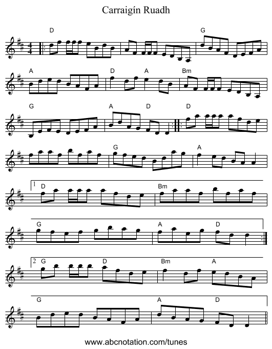 Carraigín Ruadh - staff notation