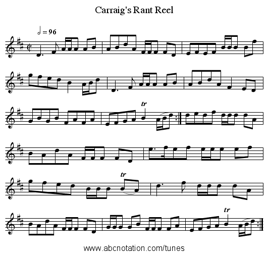 Carraig's Rant Reel - staff notation