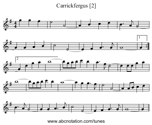 Carrickfergus [2] - staff notation