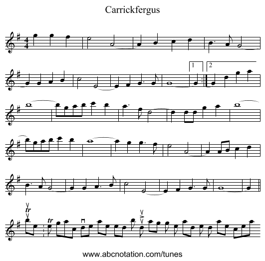 Carrickfergus - staff notation