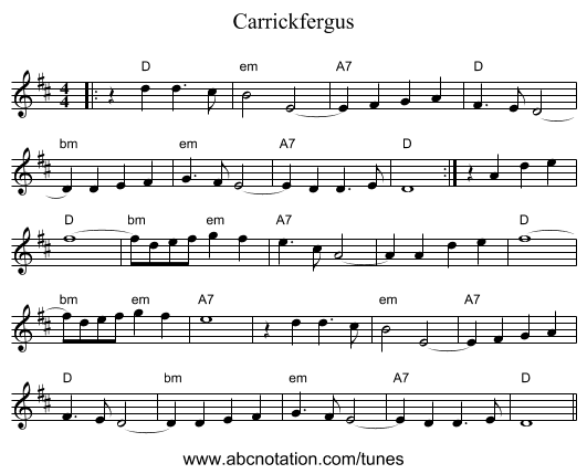 Carrickfergus - staff notation