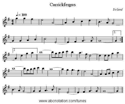 Carrickfergus - staff notation