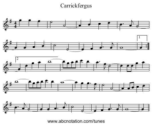 Carrickfergus - staff notation
