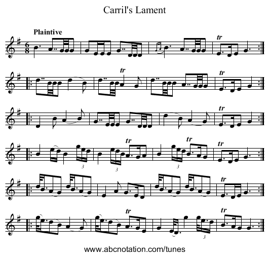 Carril's Lament - staff notation