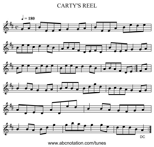 CARTY'S REEL - staff notation