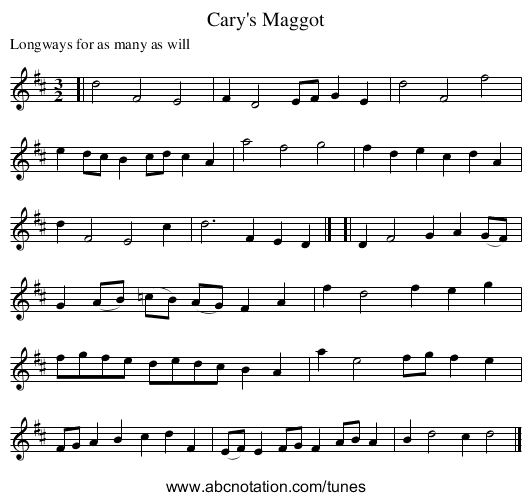 Cary's Maggot - staff notation